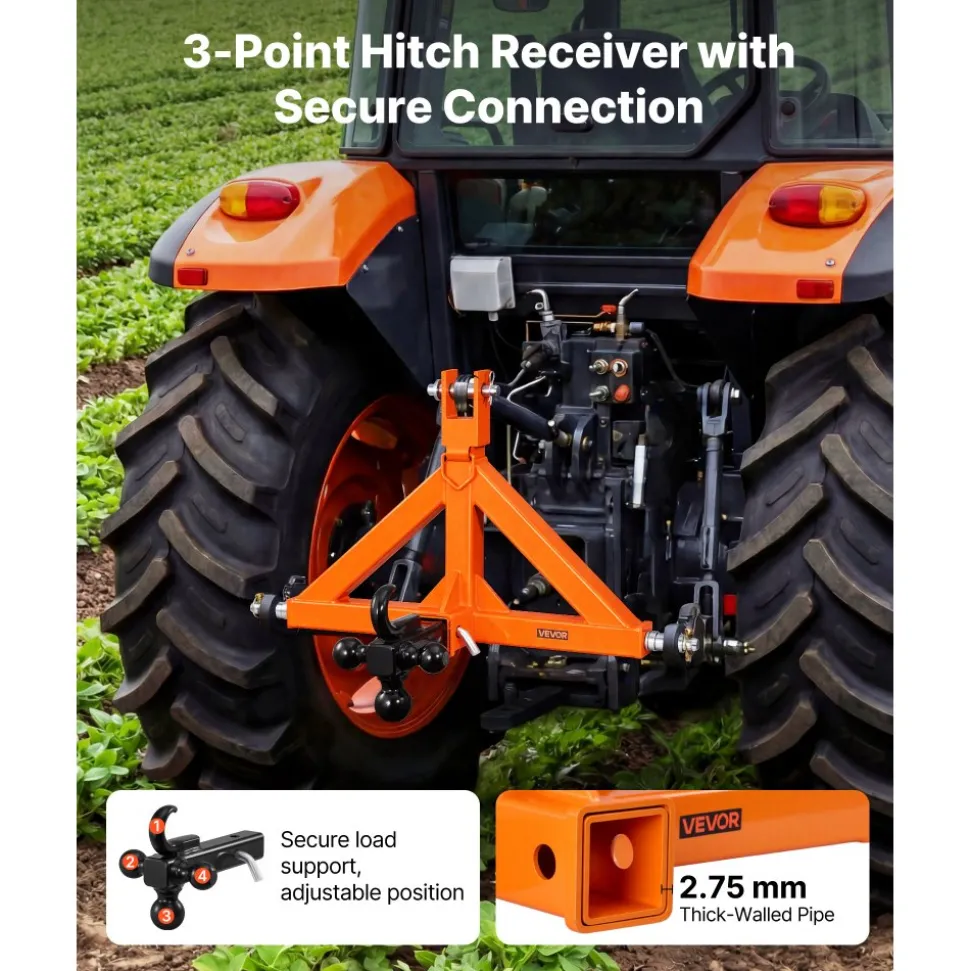 VEVOR 3 Point Trailer Hitch with 2" Receiver, 3 Pt Quick Hitch Attachment with 3 Trailer Balls, Tractor Tow Drawbar Adapter for Category 1, Kubota, Mahindra, Ford, Yanmar, John Deere, Massey Ferguson