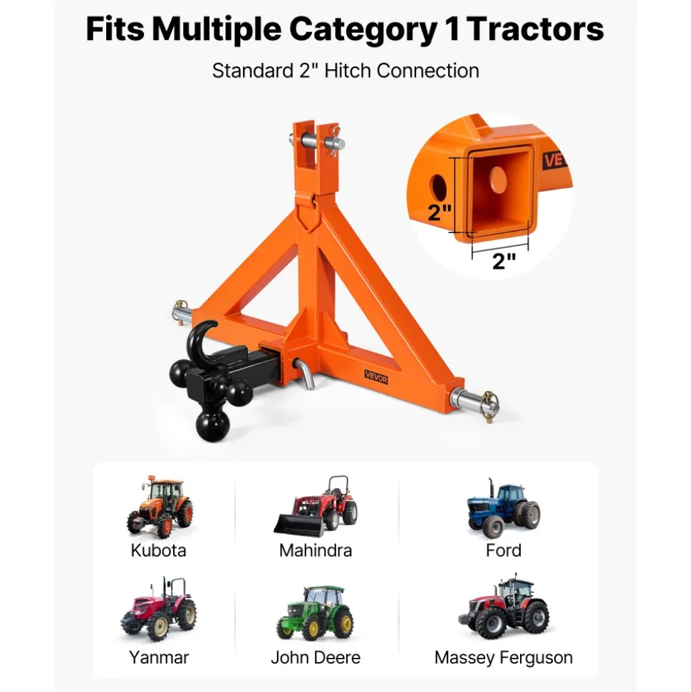 VEVOR 3 Point Trailer Hitch with 2" Receiver, 3 Pt Quick Hitch Attachment with 3 Trailer Balls, Tractor Tow Drawbar Adapter for Category 1, Kubota, Mahindra, Ford, Yanmar, John Deere, Massey Ferguson
