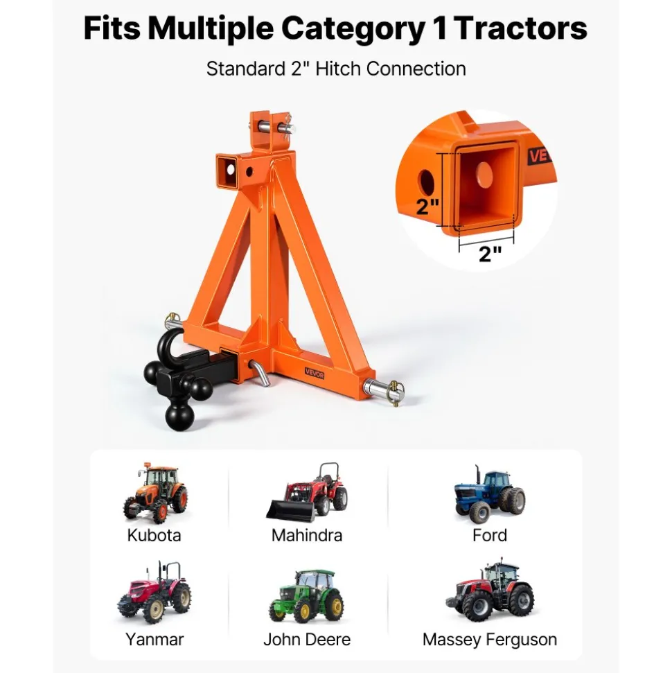 VEVOR 3 Point Trailer Hitch with 2" Receiver, 3 Pt Quick Hitch with 3 Trailer Balls, Tractor Tow Drawbar Adapter for Category 1, Kubota, Mahindra, Ford, Yanmar, John Deere, Massey Ferguson, Orange