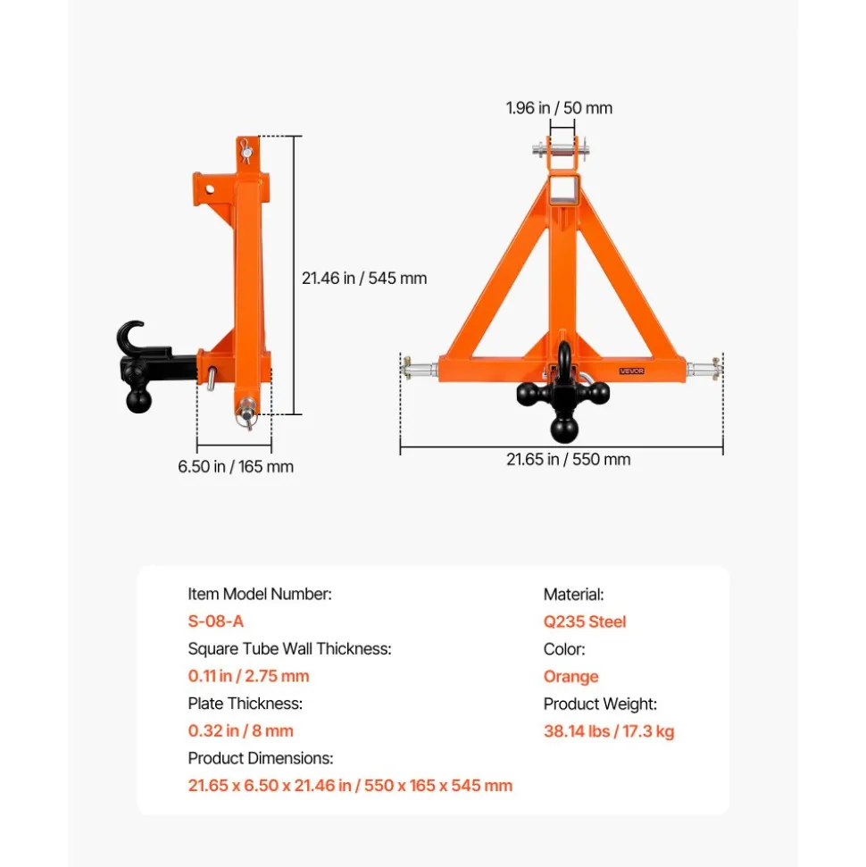 VEVOR 3 Point Trailer Hitch with 2" Receiver, 3 Pt Quick Hitch with 3 Trailer Balls, Tractor Tow Drawbar Adapter for Category 1, Kubota, Mahindra, Ford, Yanmar, John Deere, Massey Ferguson, Orange