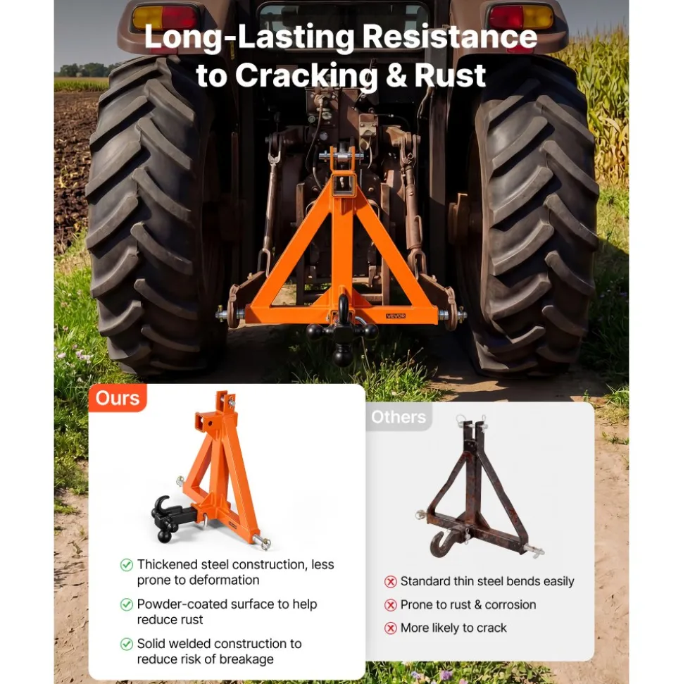 VEVOR 3 Point Trailer Hitch with 2" Receiver, 3 Pt Quick Hitch with 3 Trailer Balls, Tractor Tow Drawbar Adapter for Category 1, Kubota, Mahindra, Ford, Yanmar, John Deere, Massey Ferguson, Orange