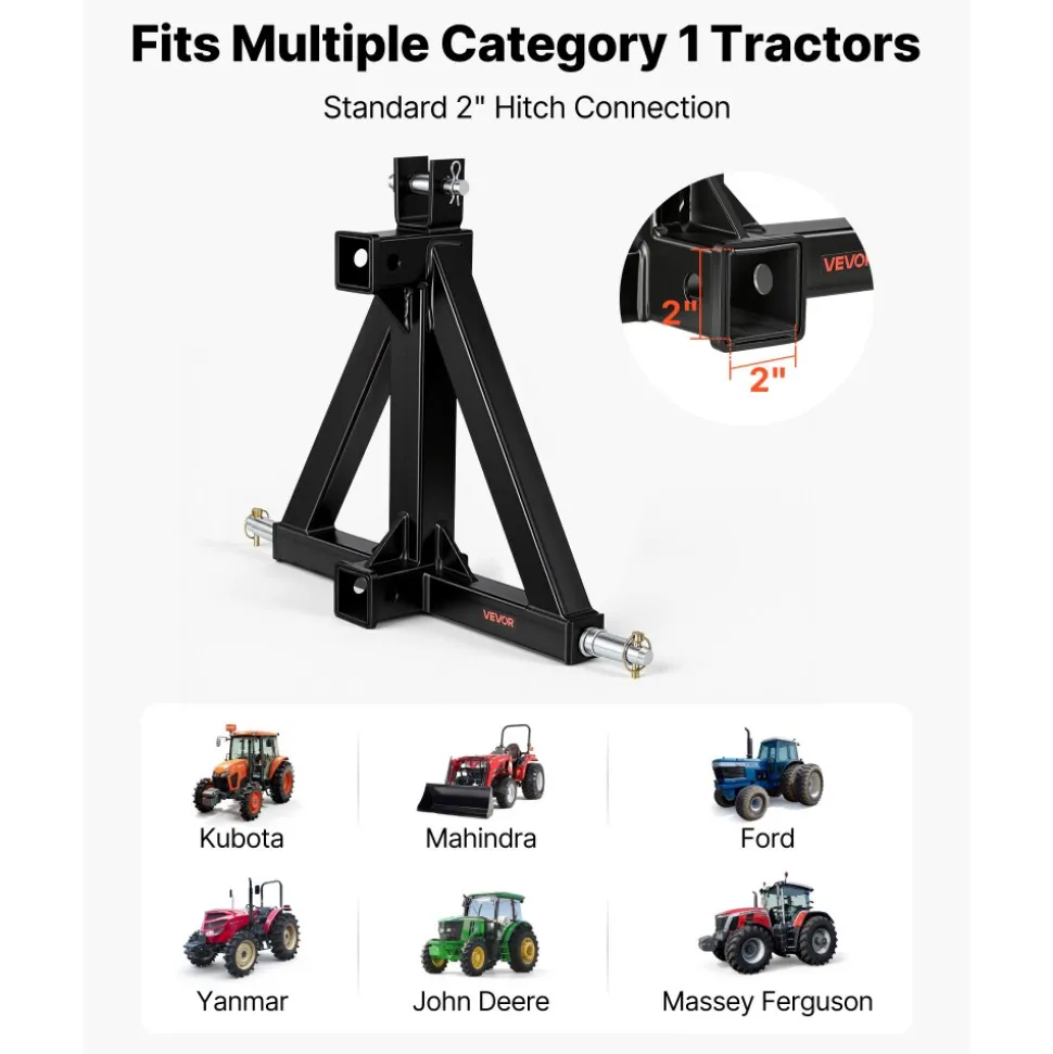 VEVOR 3 Point Trailer Hitch with 2" Receiver, 3 Pt Quick Hitch Attachment, Tractor Tow Drawbar Adapter, Compatible with Category 1, Kubota, Mahindra, Ford, Yanmar, John Deere, Massey Ferguson, Tractor