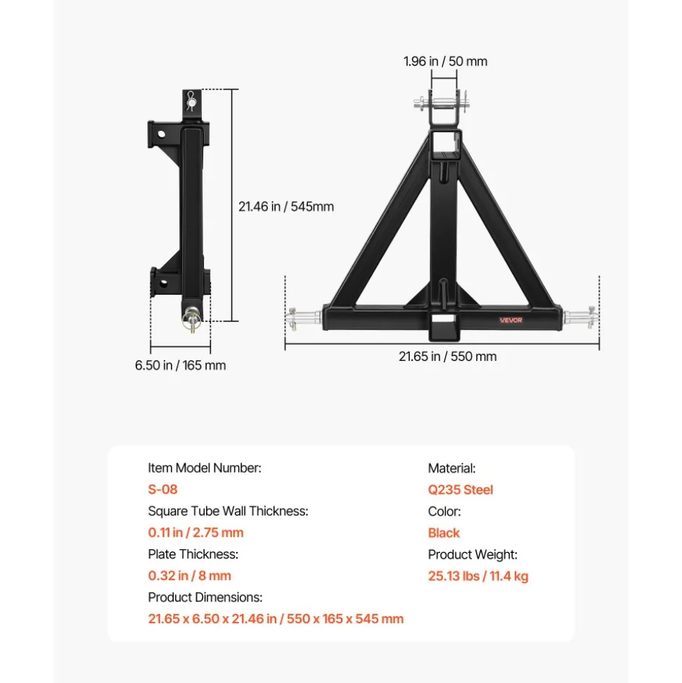 VEVOR 3 Point Trailer Hitch with 2" Receiver, 3 Pt Quick Hitch Attachment, Tractor Tow Drawbar Adapter, Compatible with Category 1, Kubota, Mahindra, Ford, Yanmar, John Deere, Massey Ferguson, Tractor