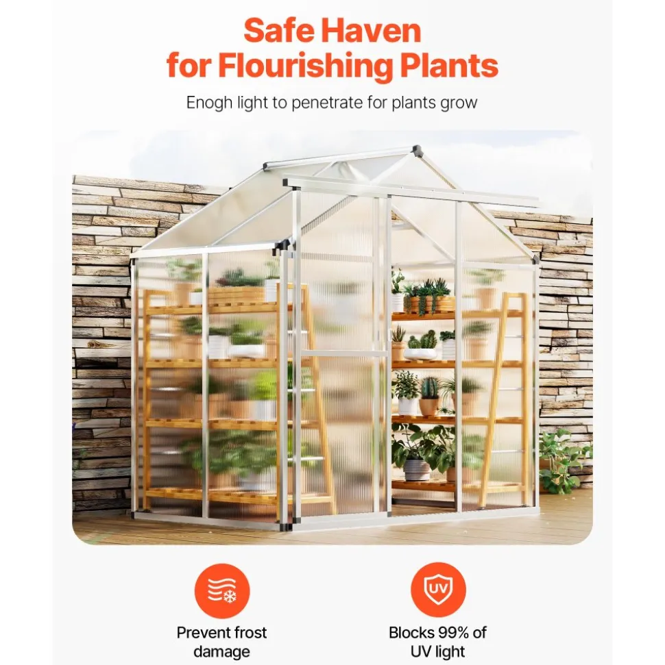 VEVOR Polycarbonate Greenhouse, 6 x 4 Ft, Outdoor Greenhouse with Adjustable Vent Windows, Pavilion Styled Greenhouse with Sliding Door, Aluminum Large Walk-in Greenhouse Kit for Garden Backyard