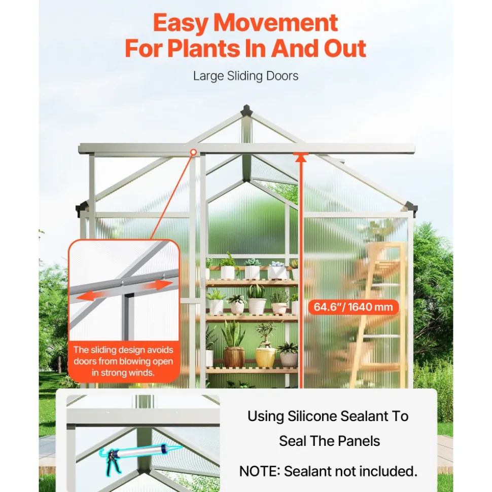 VEVOR Polycarbonate Greenhouse, 6 x 4 Ft, Outdoor Greenhouse with Adjustable Vent Windows, Pavilion Styled Greenhouse with Sliding Door, Aluminum Large Walk-in Greenhouse Kit for Garden Backyard