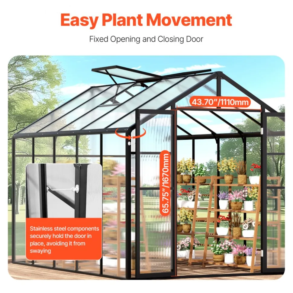 VEVOR Polycarbonate Greenhouse, 8 x 10 Ft, Outdoor Greenhouse with 2 Vent Windows, Pavilion Styled Greenhouse with Hinged Door, Aluminum Large Walk-in Greenhouse Kit for Outside Garden Backyard