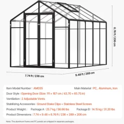 VEVOR Polycarbonate Greenhouse, 8 x 10 Ft, Outdoor Greenhouse with 2 Vent Windows, Pavilion Styled Greenhouse with Hinged Door, Aluminum Large Walk-in Greenhouse Kit for Outside Garden Backyard