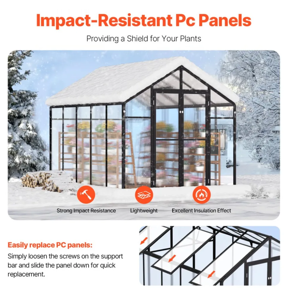 VEVOR Polycarbonate Greenhouse, 8 x 10 Ft, Outdoor Greenhouse with 2 Vent Windows, Pavilion Styled Greenhouse with Hinged Door, Aluminum Large Walk-in Greenhouse Kit for Outside Garden Backyard