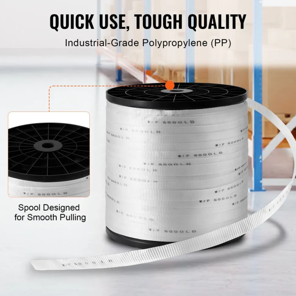 VEVOR Polyester Pull Tape, 1" x 2103' Mule Tape Flat Rope, 6000 lbf Tensile Capacity, Printed Webbing Cable Pulling Tape for Packaging, Gardening, Commercial Electrical, Conduit Work, White