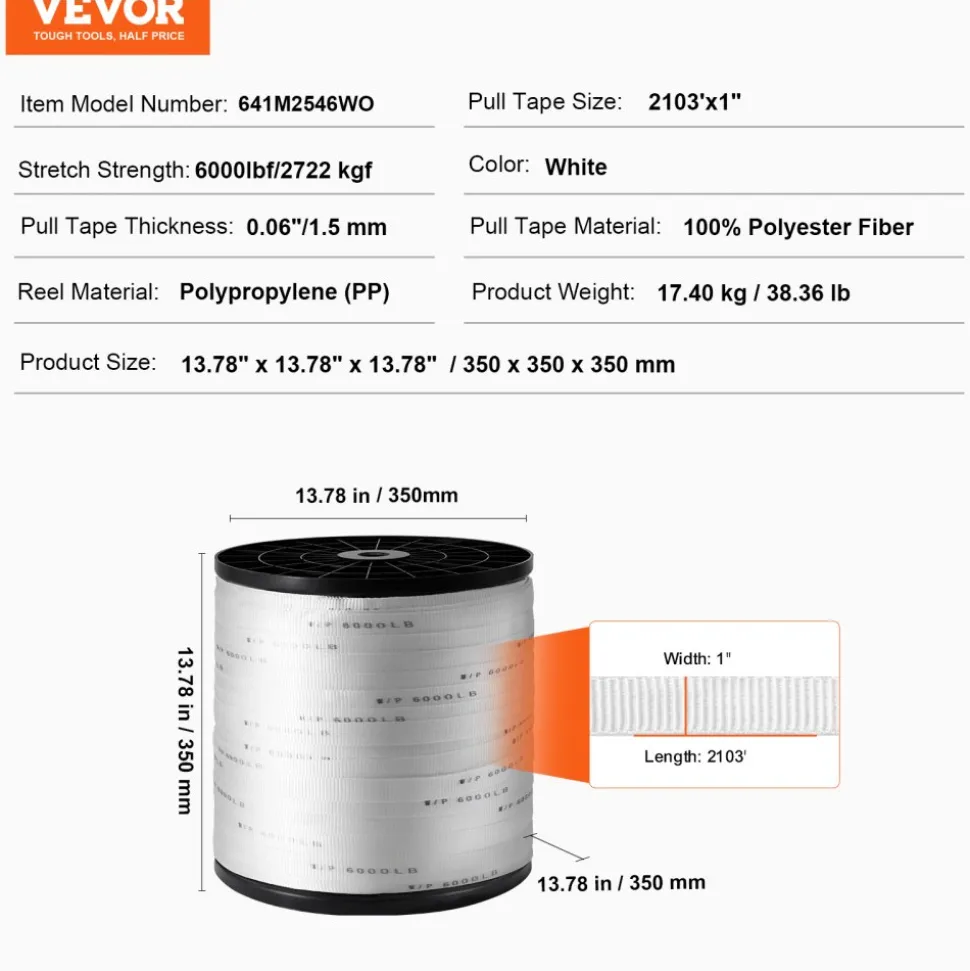 VEVOR Polyester Pull Tape, 1" x 2103' Mule Tape Flat Rope, 6000 lbf Tensile Capacity, Printed Webbing Cable Pulling Tape for Packaging, Gardening, Commercial Electrical, Conduit Work, White