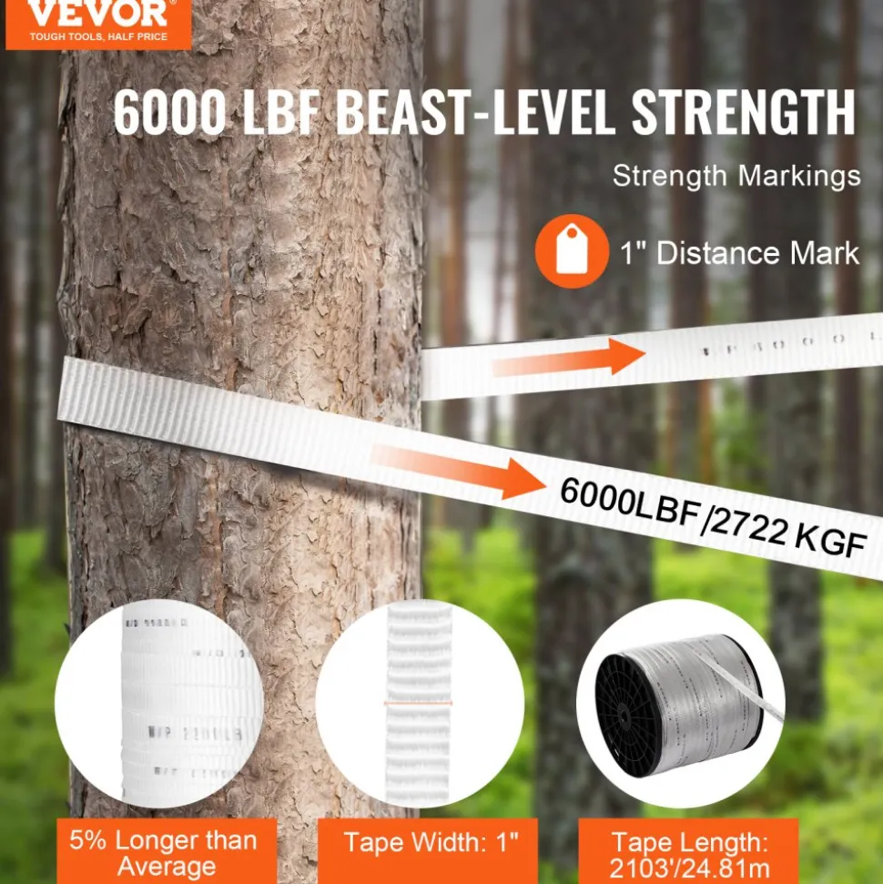 VEVOR Polyester Pull Tape, 1" x 2103' Mule Tape Flat Rope, 6000 lbf Tensile Capacity, Printed Webbing Cable Pulling Tape for Packaging, Gardening, Commercial Electrical, Conduit Work, White