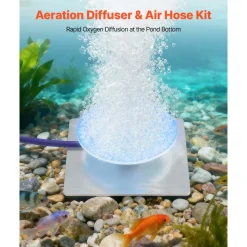 VEVOR Pond Aerator Air Diffuser & 3/8 in Self Sinking Aeration Hose Kit, 8in Silicone Lake Aeration Diffuser with 100ft Flexible Pond Aerator Hose Kit for Ponds Lakes Water Gardens