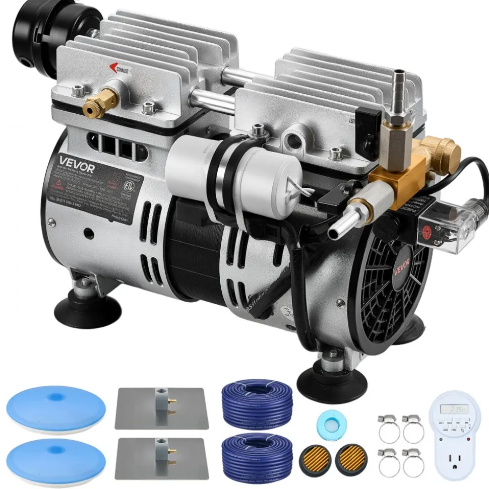VEVOR Pond Aerators, 5.2CFM Aeration System for Lakes up to 3 Acres, 3/4 HP Air Compressor, 2 Diffusers & Two 100' Weighted Tubings, Outdoor Pond Aeration Pump for Deep Water Oxygen Circulation