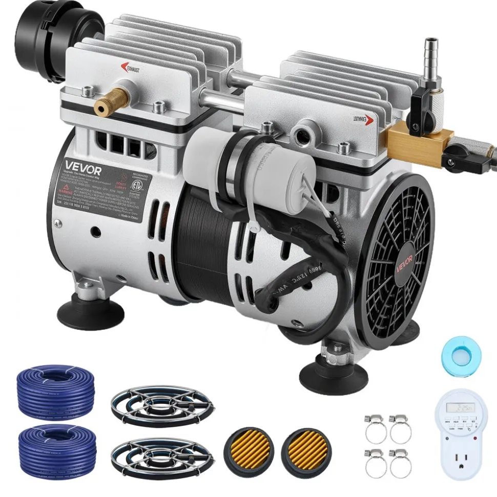 VEVOR Pond Aerators, 5.2CFM Aeration System for Lake up to 3 Acres, 3/4 HP Air Compressor, 2 Diffusesr & Two100' Weighted Tubings, Aeration Pump for Outdoor Ponds & Lakes Deep Water Oxygen Circulation