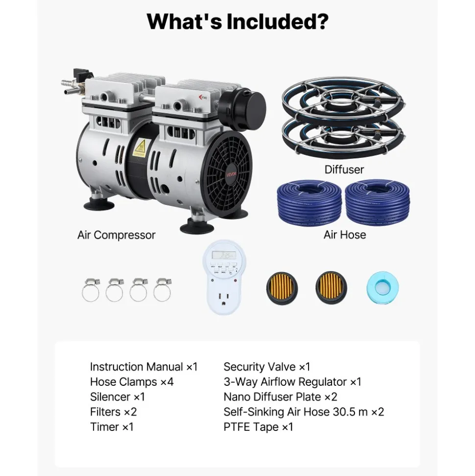 VEVOR Pond Aerators, 5.2CFM Aeration System for Lake up to 3 Acres, 3/4 HP Air Compressor, 2 Diffusesr & Two100' Weighted Tubings, Aeration Pump for Outdoor Ponds & Lakes Deep Water Oxygen Circulation