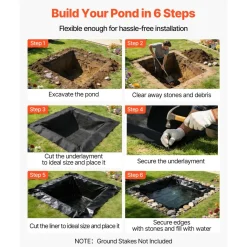 VEVOR Pond Liner 15 x 15 ft, 45 Mil, EPDM Rubber Fish Koi Pond Liner and Underlayment Combo, Easy to Cut, Durable & Leakproof, for Outdoor Ponds, Water Garden, Waterfall, Fishpond, Fountains, Black