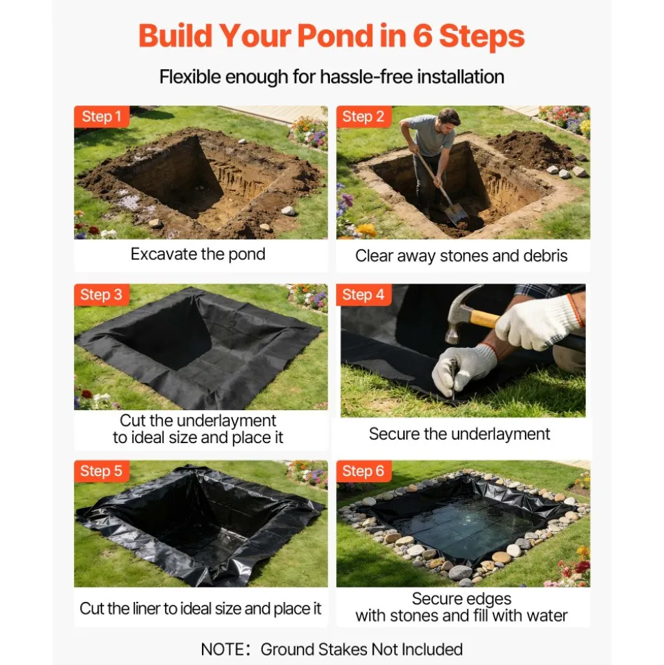 VEVOR Pond Liner 15 x 15 ft, 45 Mil, EPDM Rubber Fish Koi Pond Liner and Underlayment Combo, Easy to Cut, Durable & Leakproof, for Outdoor Ponds, Water Garden, Waterfall, Fishpond, Fountains, Black