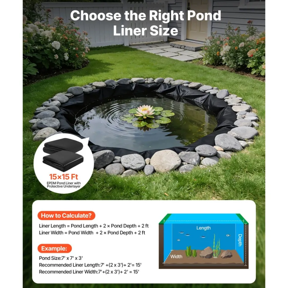 VEVOR Pond Liner 15 x 15 ft, 45 Mil, EPDM Rubber Fish Koi Pond Liner and Underlayment Combo, Easy to Cut, Durable & Leakproof, for Outdoor Ponds, Water Garden, Waterfall, Fishpond, Fountains, Black