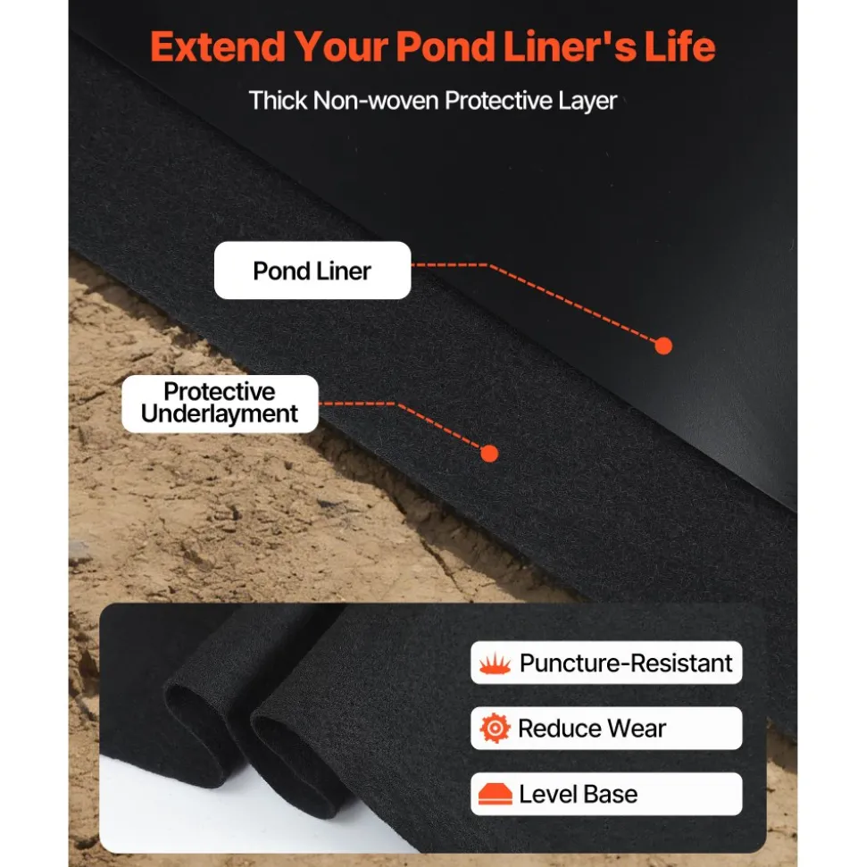 VEVOR Pond Liner 15 x 15 ft, 45 Mil, EPDM Rubber Fish Koi Pond Liner and Underlayment Combo, Easy to Cut, Durable & Leakproof, for Outdoor Ponds, Water Garden, Waterfall, Fishpond, Fountains, Black