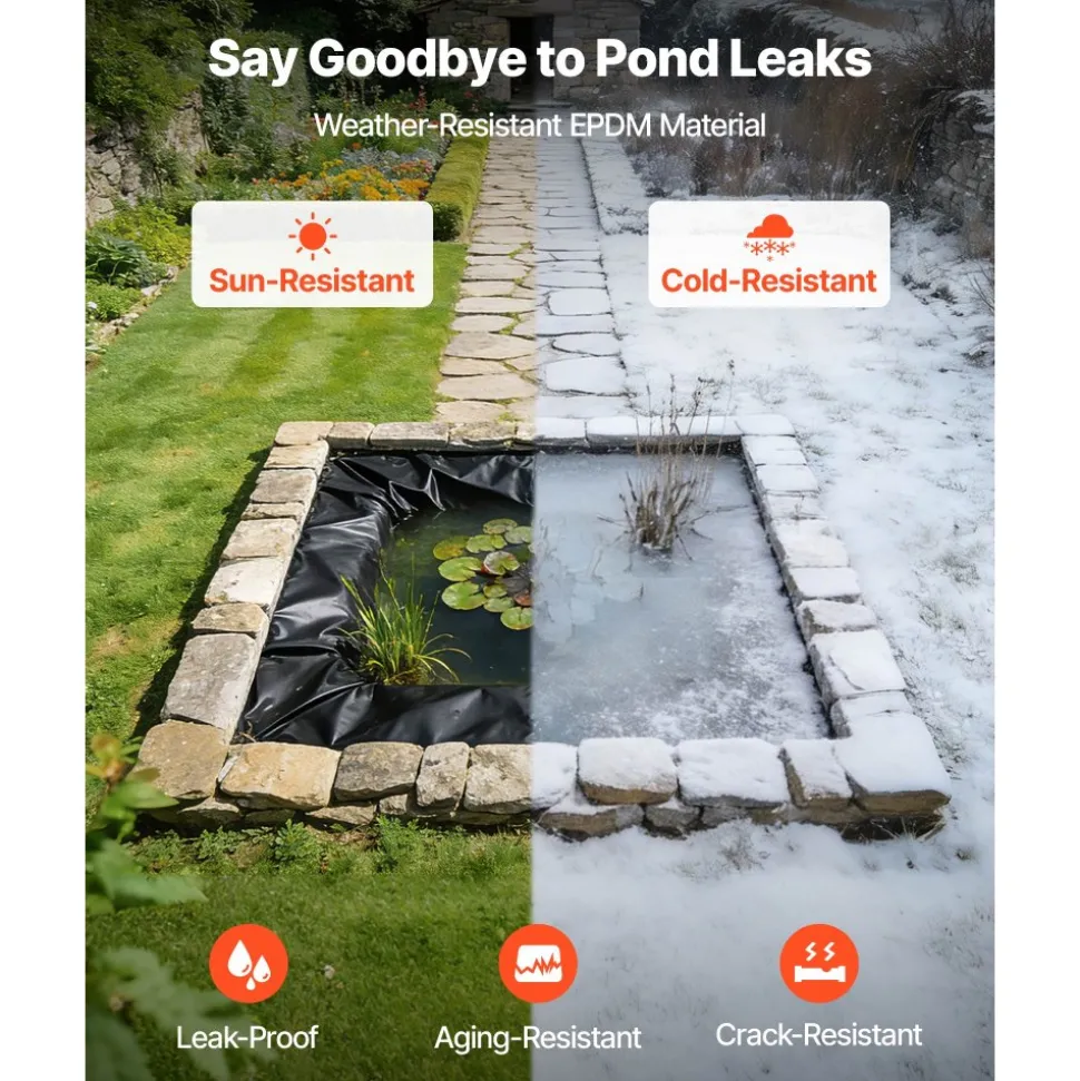 VEVOR Pond Liner 15 x 15 ft, 45 Mil, EPDM Rubber Fish Koi Pond Liner and Underlayment Combo, Easy to Cut, Durable & Leakproof, for Outdoor Ponds, Water Garden, Waterfall, Fishpond, Fountains, Black