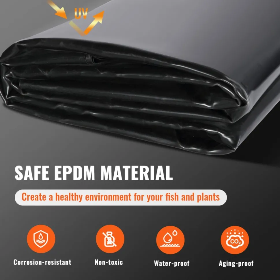 VEVOR Pond Liner, 10 x 15 ft 45 Mil Thickness, Pliable EPDM Material Pond Skins, Easy Cutting Underlayment for Fish or Koi Ponds, Water Features, Waterfall Base , Fountains, Water Gardens, Black