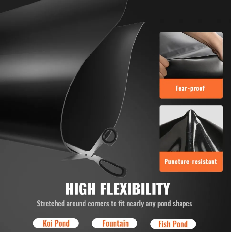 VEVOR Pond Liner, 10 x 13 ft 20 Mil Thickness, Pliable LLDPE Material Pond Skins, Easy Cutting Underlayment for Fish or Koi Ponds, Water Features, Waterfall Base , Fountains, Water Gardens, Black