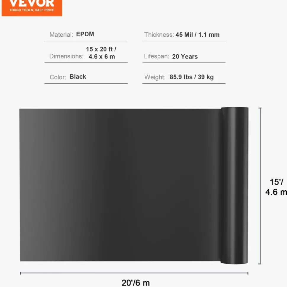 VEVOR Pond Liner, 10 x 13 ft 20 Mil Thickness, Pliable LLDPE Material Pond Skins, Easy Cutting Underlayment for Fish or Koi Ponds, Water Features, Waterfall Base , Fountains, Water Gardens, Black