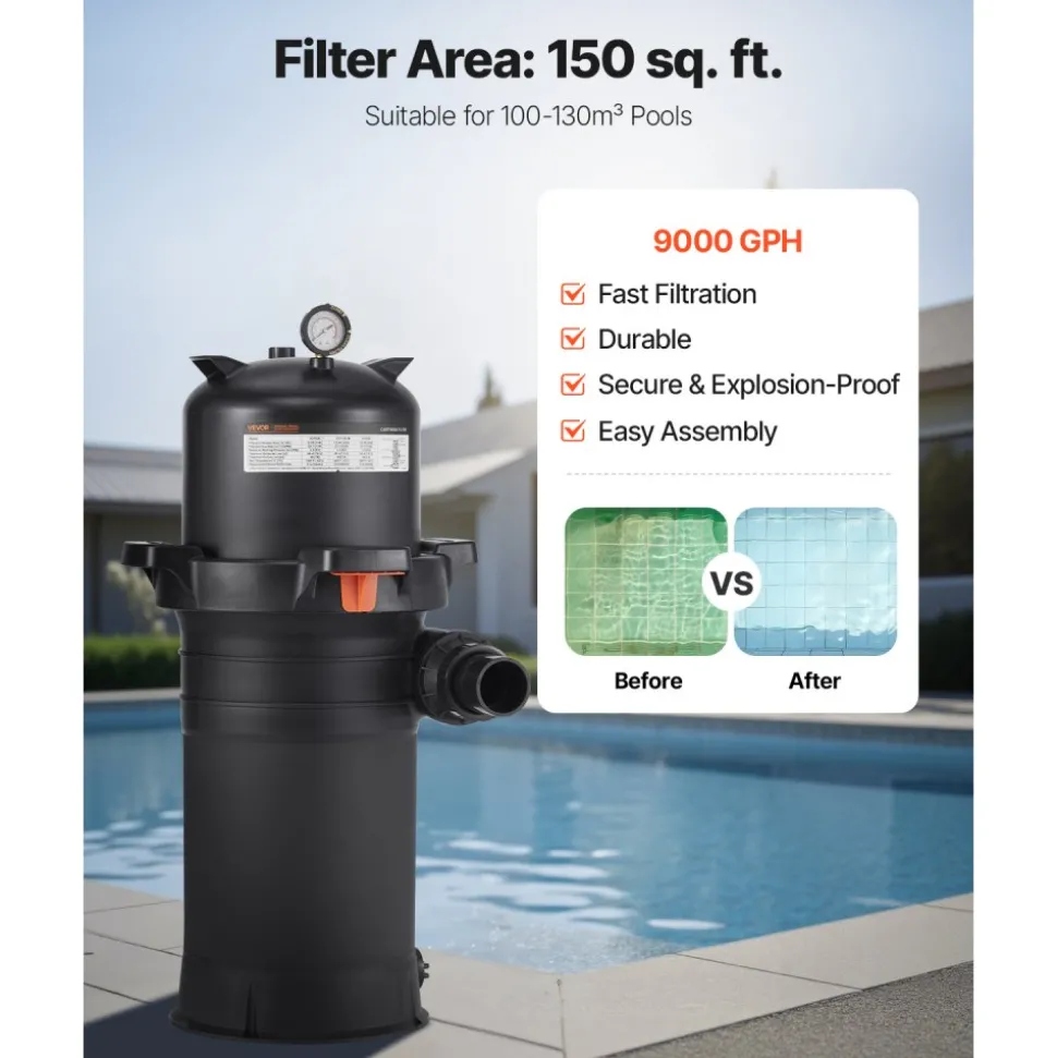 VEVOR Pool Cartridge Filter, 150 sq.ft², High-Efficiency Swimming Pool Filter with Valve, 9000 GPH Spa Filtration Cleaning & Clearing System for In-Ground & Above Pools up to 34342 Gallons
