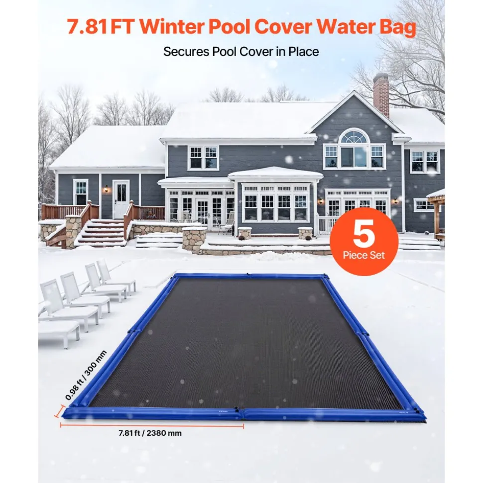 VEVOR Pool Cover Water Bags, 5 Packs 8 Ft, Double Chamber Pool Cover Water Tubes, 0.4mm Thick PVC Bags Weights with Leakproof Screw Cap, for Inground Swimming-Pool Covers Winter Closing, Blue
