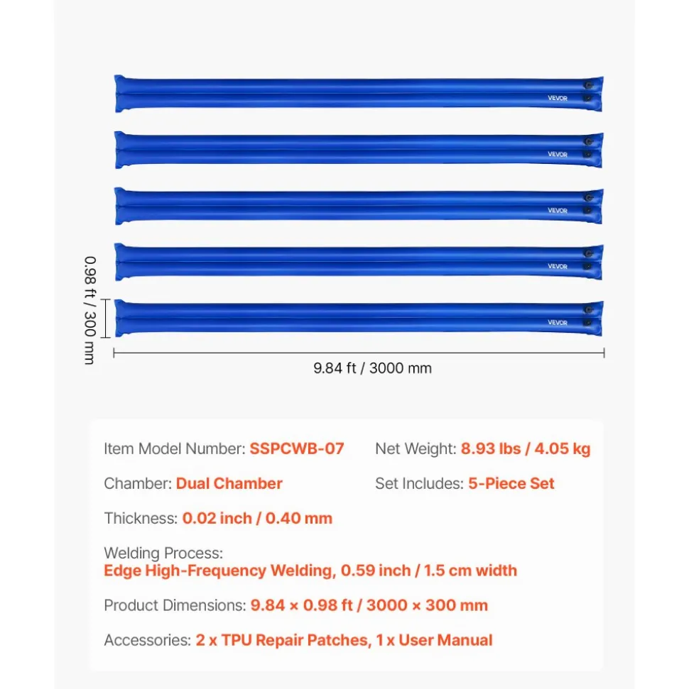 VEVOR Pool Cover Water Bags, 5 Packs 10 Ft, Double Chamber Pool Cover Water Tubes, 0.4mm Thick PVC Bags Weights with Leakproof Screw Cap, for Inground Swimming-Pool Covers Winter Closing, Blue