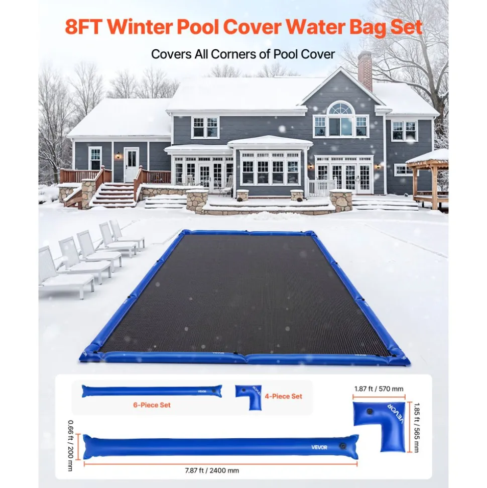 VEVOR Pool Cover Water Bags Set, 6 Packs 8 Ft Single Chamber Pool Cover Water Bags & 4 Corner Tubes, 0.4mm Thick PVC Bag Weights with Leakproof Valve, for Winter Inground Swimming-Pool Covers