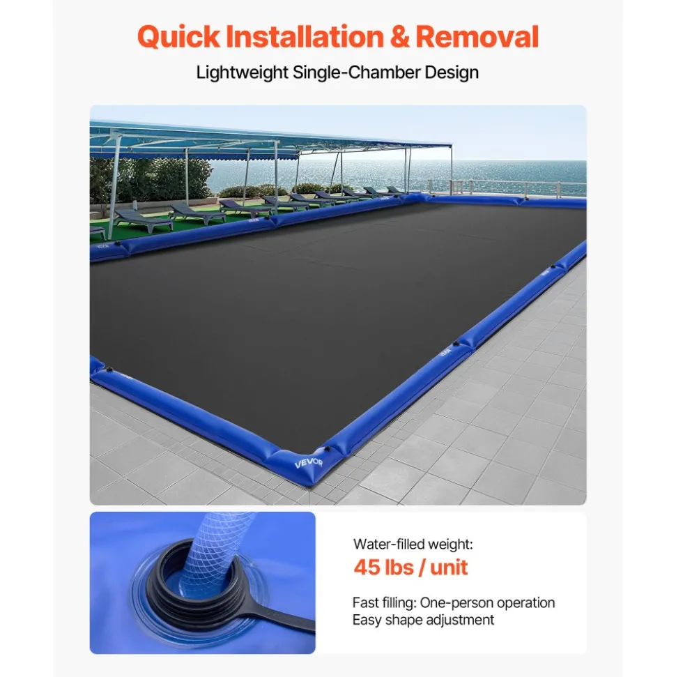 VEVOR Pool Cover Water Bags Set, 6 Packs 8 Ft Single Chamber Pool Cover Water Bags & 4 Corner Tubes, 0.4mm Thick PVC Bag Weights with Leakproof Valve, for Winter Inground Swimming-Pool Covers