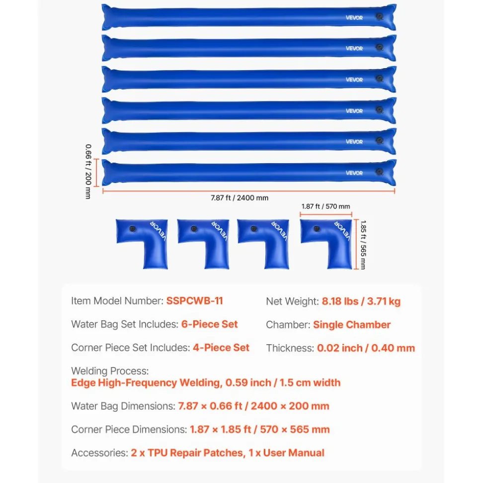 VEVOR Pool Cover Water Bags Set, 6 Packs 8 Ft Single Chamber Pool Cover Water Bags & 4 Corner Tubes, 0.4mm Thick PVC Bag Weights with Leakproof Valve, for Winter Inground Swimming-Pool Covers