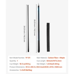 VEVOR Pool Cue, 1 Piece Jump Break Cue, 58 inch & 19.5 oz Break Cues Pool Stick, Breaks Stick with Carbon Fiber Shaft & Maple Cues Butt, Heavy Hitter Breaks Jump Billiard Cue for Adult, Home, Office