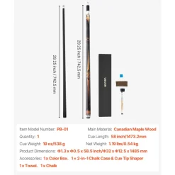 VEVOR Pool Cue, 1 Piece Pool Stick, 58 inch & 19 oz Canadian Maple Wood Billiard Pools Cue Stick with Multi-Layer Tip & ABS Connection Ring, Cues Sticks for Professional Pool Table, Bar, Home, Office