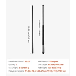 VEVOR Pool Cue, 1 Piece Pool Stick, 58 inch & 21 oz Fiberglass Titanium Composite Billiard Pools Cue Stick with Multi-Layer Tip, Cues Sticks for Professional Pool Table, Bar, Home Pool Games, Office
