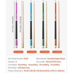 VEVOR Pool Cue, 4 Pieces Pool Stick, 58 inch Canadian Maple Wood Billiard Pools Stick with ABS Connection Ring, Cues Sticks for Professional Pool Table, Bar, Home, Office, 18 oz, 19 oz, 20 oz, 21 oz