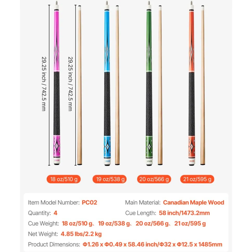 VEVOR Pool Cue, 4 Pieces Pool Stick, 58 inch Canadian Maple Wood Billiard Pools Stick with ABS Connection Ring, Cues Sticks for Professional Pool Table, Bar, Home, Office, 18 oz, 19 oz, 20 oz, 21 oz