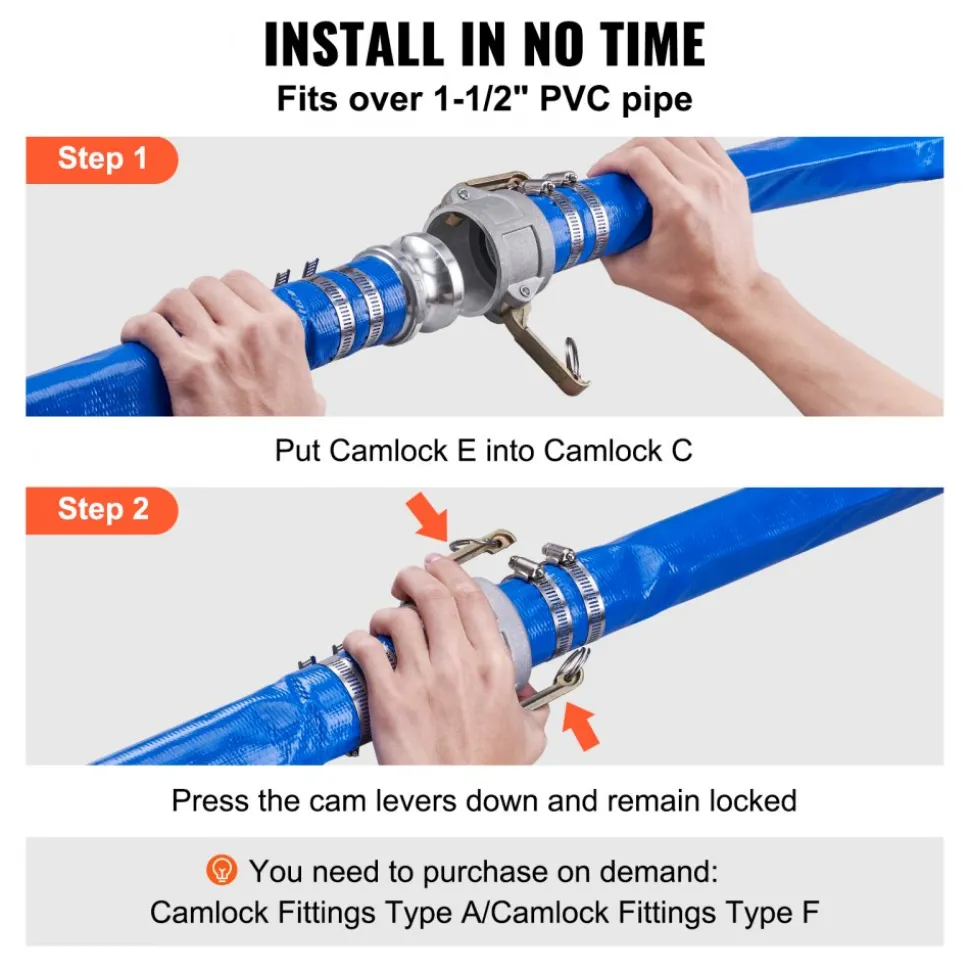 VEVOR Pool Drain Hose, 2 inch by 50 ft, Durable PVC Material, Includes Aluminum Camlock C & E Connectors and Clamps, Fits Pumps and Sand Filters, Ideal for Pool Water Removal, Blue