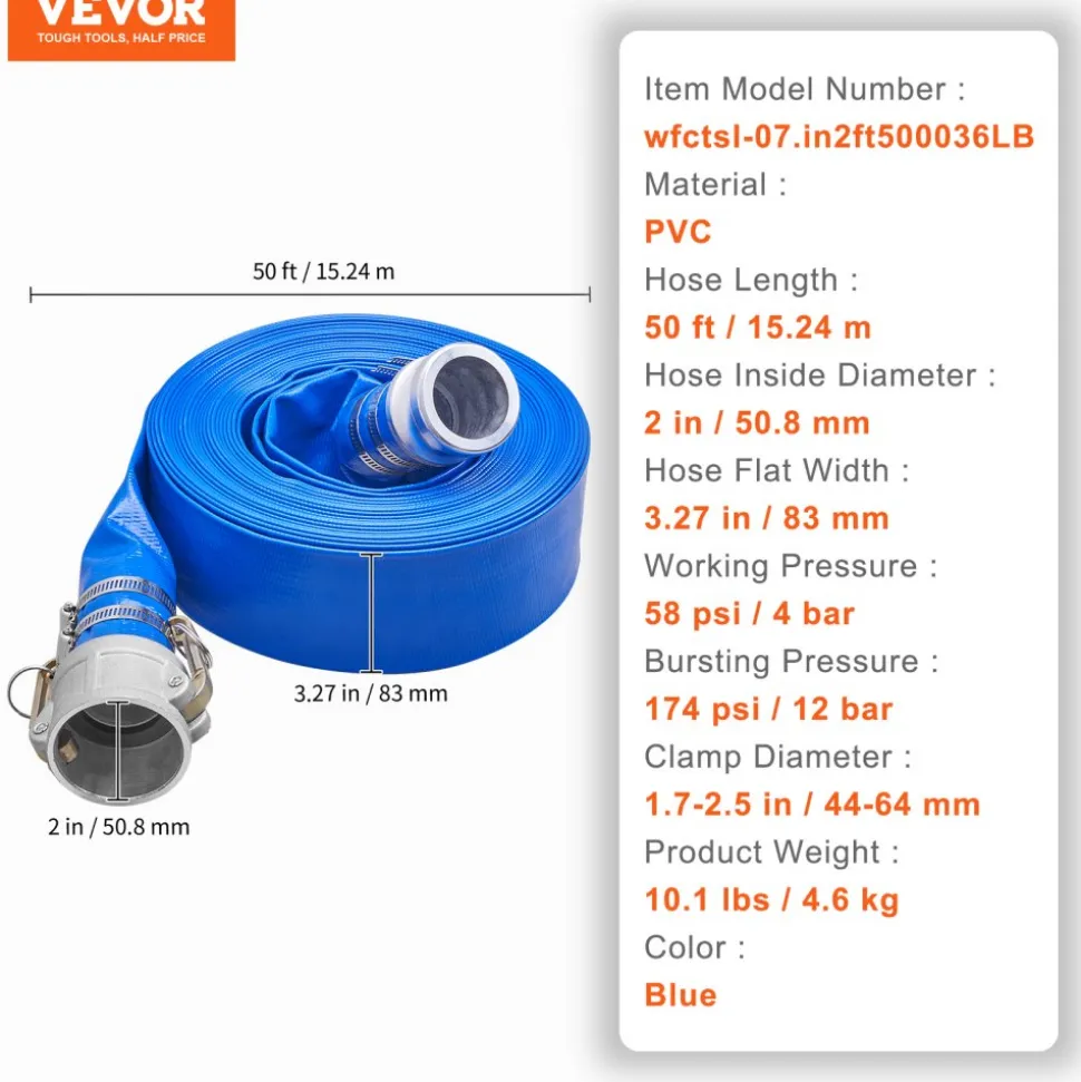 VEVOR Pool Drain Hose, 2 inch by 50 ft, Durable PVC Material, Includes Aluminum Camlock C & E Connectors and Clamps, Fits Pumps and Sand Filters, Ideal for Pool Water Removal, Blue