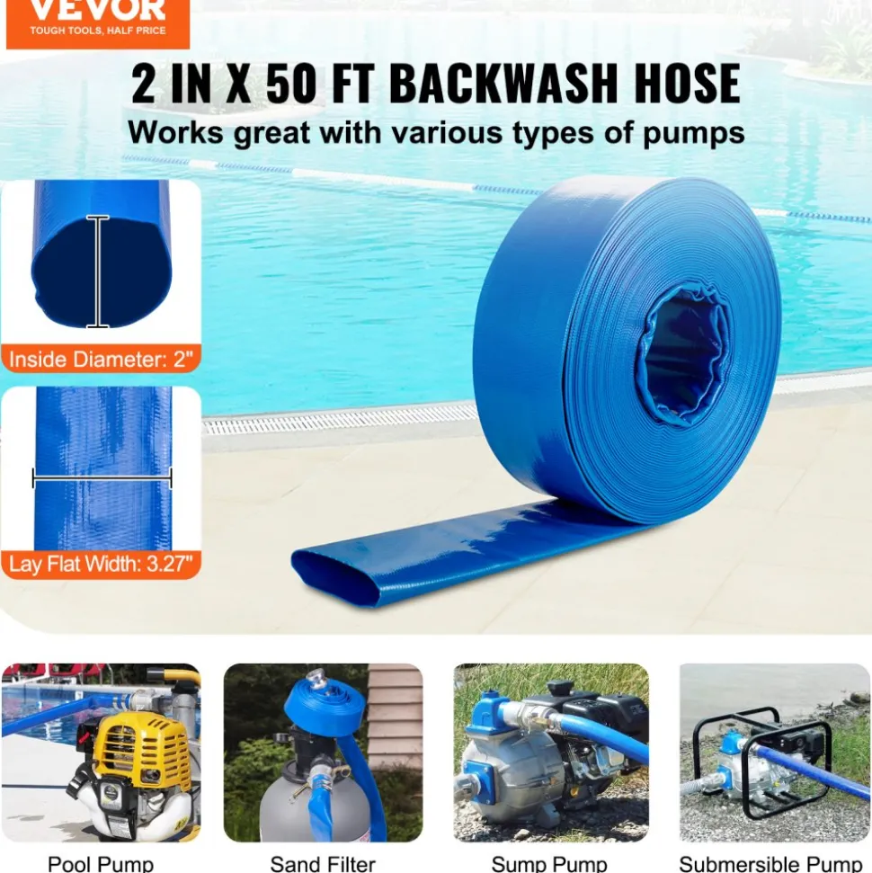 VEVOR Pool Drain Hose, 2 inch by 50 ft, Durable PVC Material, Includes Aluminum Camlock C & E Connectors and Clamps, Fits Pumps and Sand Filters, Ideal for Pool Water Removal, Blue