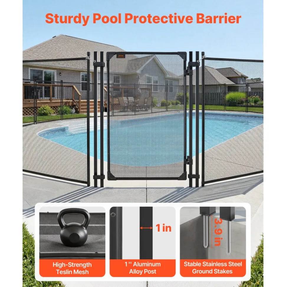 VEVOR Pool Fence Gate, 4 x 2.5 ft Inground Swimming Pool Fences Gate, Outdoor Security Fencing Door Kit with Metal Latch and Stopper, 352 gsm Teslin PVC Mesh, Square Tube, Easy Installation, Black