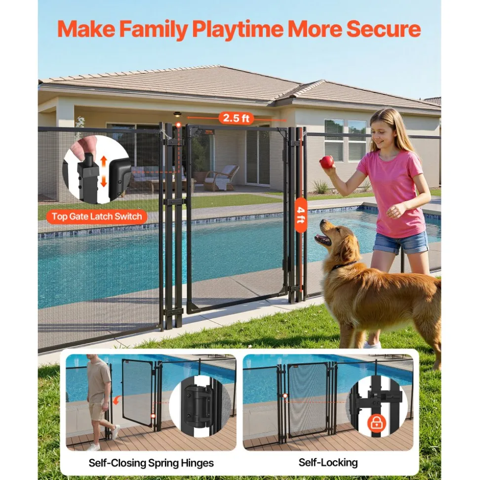 VEVOR Pool Fence Gate, 4 x 2.5 ft Inground Swimming Pool Fences Gate, Outdoor Security Fencing Door Kit with Self-Closing and Self-Locking Design, 352 gsm Teslin PVC Mesh, Easy Installation, Black
