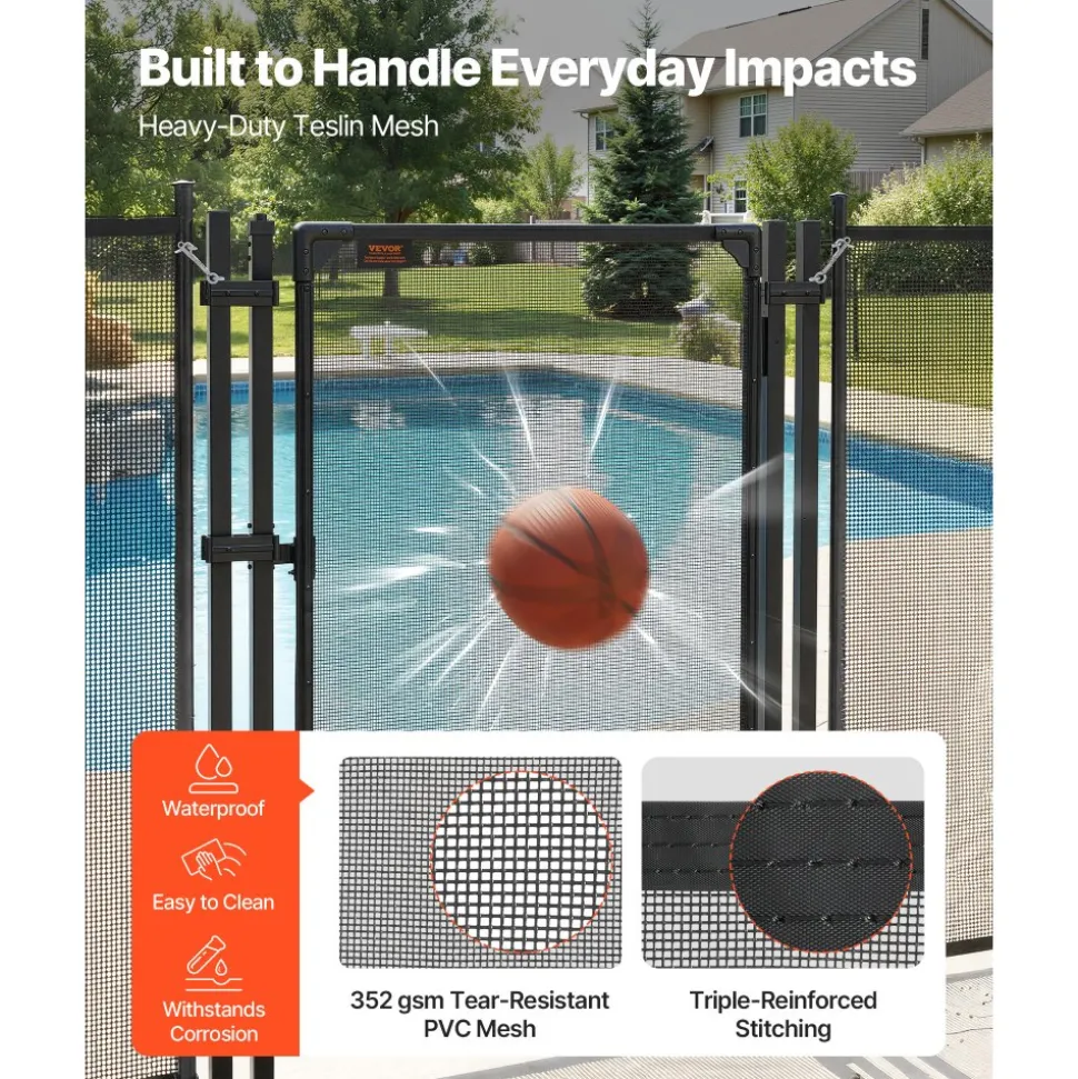 VEVOR Pool Fence Gate, 4 x 2.5 ft Inground Swimming Pool Fences Gate, Outdoor Security Fencing Door Kit with Self-Closing and Self-Locking Design, 352 gsm Teslin PVC Mesh, Easy Installation, Black