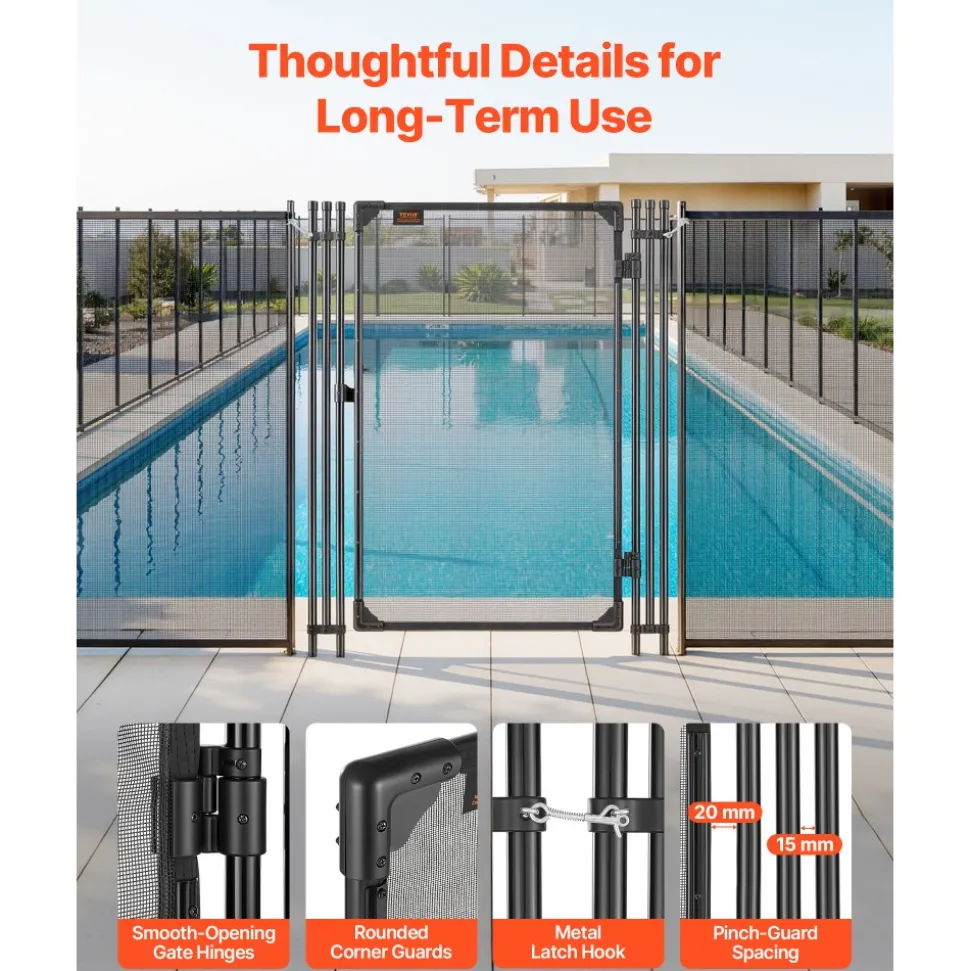 VEVOR Pool Fence Gate, 4 x 2.5 ft Inground Swimming Pool Fences Gate, Outdoor Security Fencing Door Kit with Metal Latch, 352 gsm Teslin PVC Mesh, Round Tube, Lockable and Easy Installation, Black