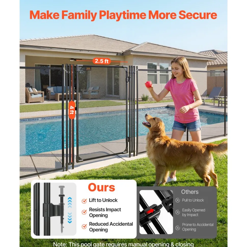 VEVOR Pool Fence Gate, 4 x 2.5 ft Inground Swimming Pool Fences Gate, Outdoor Security Fencing Door Kit with Metal Latch, 352 gsm Teslin PVC Mesh, Round Tube, Lockable and Easy Installation, Black