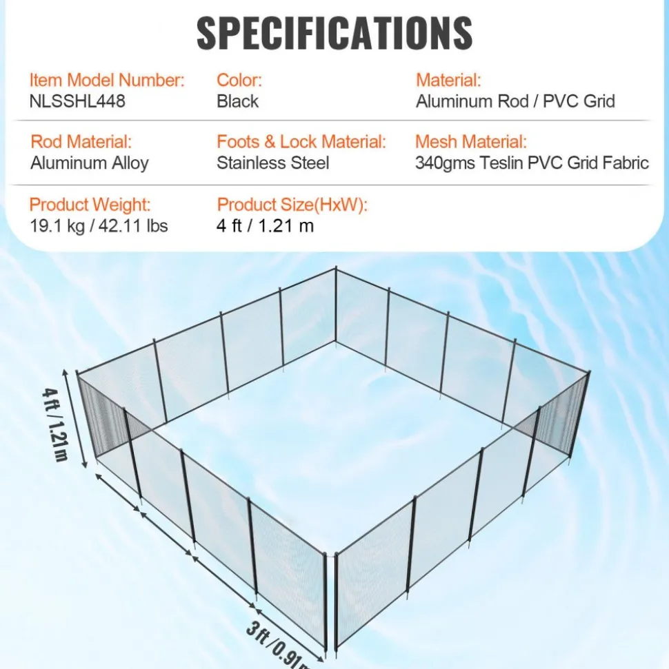 VEVOR Pool Fence, 4 x 48 FT Pool Fences for Inground Pools, Removable Child Safety Pool Fencing, Easy DIY Installation Swimming Pool Fence, 340gms Teslin PVC Pool Fence Mesh Protects Kids and Pets