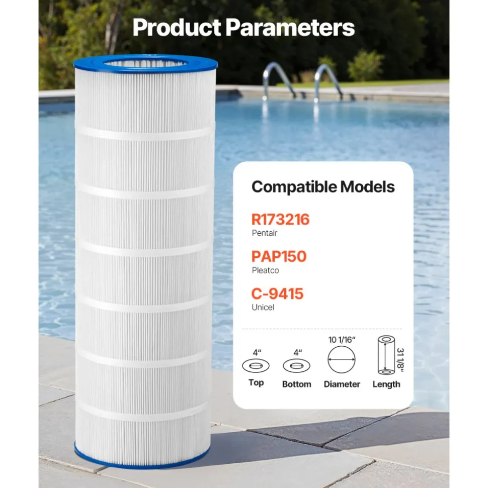 VEVOR Pool Filter Cartridge, 150 Sq. Ft Spa Hot Tub Filter Cartridge Replacement, Compatible with Pentair R173216, Pleatco PAP150, Secure for Kids & Pet, Trilobal Pleated, Easy to Clean