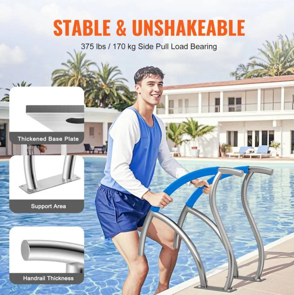 VEVOR Pool Handrail, 2 PCS 30x30 in Pool Railing, Stainless Steel with Base Plate for Indoor/Outdoor Pools,Swimming Pool Safety Railing for Decks,Rust-Proof Grab Bar w/ Grip Cover&Accessories for Spas
