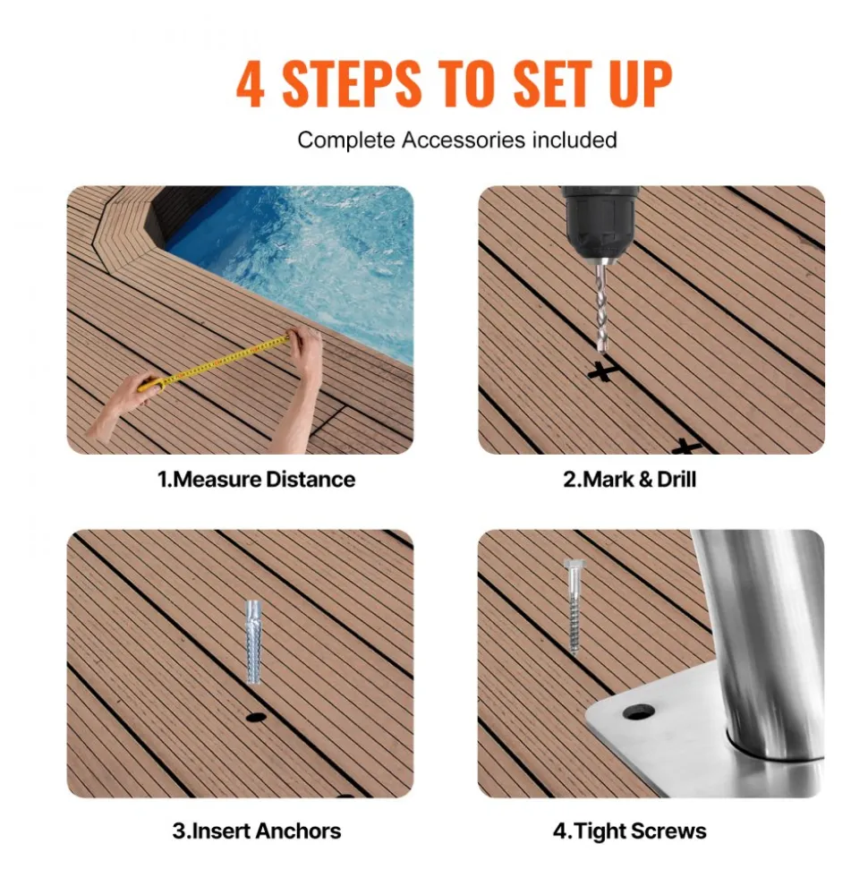 VEVOR Pool Handrail, 2 PCS 30x30 in Pool Railing, Stainless Steel with Base Plate for Indoor/Outdoor Pools,Swimming Pool Safety Railing for Decks,Rust-Proof Grab Bar w/ Grip Cover&Accessories for Spas
